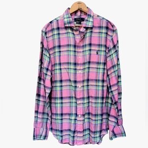 Polo Ralph Lauren Linen Long Sleeve Shirt Pink Plaid Oxford Mens LARGE Slim Fit